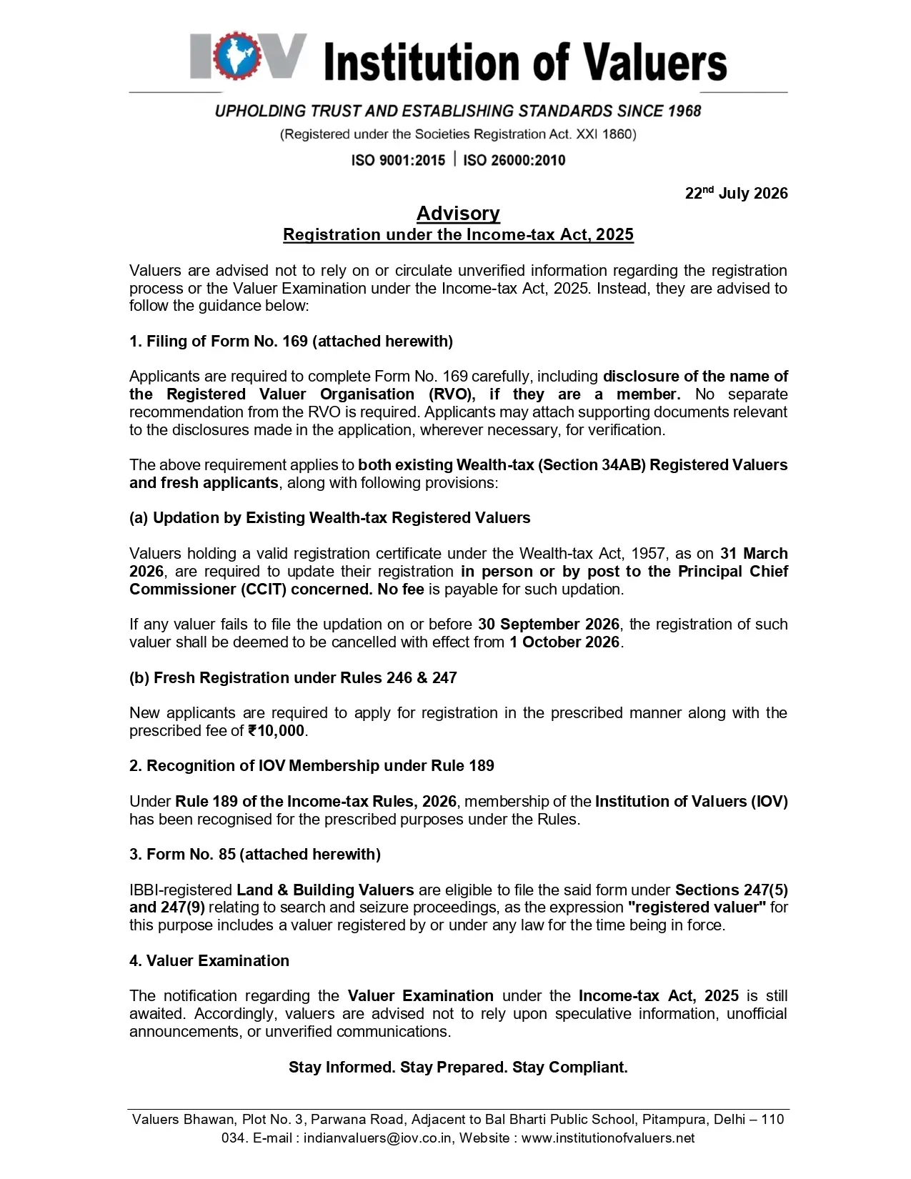 IOV Advisory on registration under the Income Tax Act